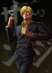  1boy adjusting_clothes adjusting_necktie bangs black_jacket blonde_hair c_home cigarette collared_shirt facial_hair feet_out_of_frame goatee hair_over_one_eye highres jacket long_sleeves looking_at_viewer loose_necktie male_focus necktie one_piece sanji shirt short_hair smoke smoking solo suit swept_bangs undershirt yellow_necktie yellow_shirt 