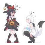  2girls animal_ear_fluff animal_ears bangs bell black_dress black_footwear black_hair black_headwear black_legwear boots braid breasts brown_eyes closed_eyes closed_mouth detached_sleeves dress ears_through_headwear extra_ears eyebrows_visible_through_hair facing_another flying_sweatdrops fox_ears fox_girl fox_tail frilled_dress frills full_body hair_between_eyes hair_ornament halloween_bucket hat heart high_heels highres hololive jingle_bell knee_boots knees_together_feet_apart long_hair long_sleeves looking_away medium_breasts multicolored_hair multiple_girls ookami_mio open_mouth pigeon-toed redhead shirakami_fubuki shirt simple_background squatting standing streaked_hair tail thigh-highs translation_request uchukurage_san very_long_hair virtual_youtuber white_background white_hair white_shirt wide_sleeves witch_hat wolf_ears wolf_girl 