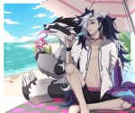  1boy bangs barefoot beach_umbrella black_choker black_hair choker clouds collarbone day drinking drinking_straw eyeshadow food green_eyes grey_eyeshadow hair_over_one_eye half-closed_eyes hand_up highres holding holding_stick knees kurobe_sclock long_hair makeup multicolored_hair obstagoon open_clothes open_mouth outdoors piers_(pokemon) pokemon pokemon_(creature) pokemon_(game) pokemon_swsh popsicle sand shore sitting sky starfish stick teeth tongue toxtricity toxtricity_(low_key) two-tone_hair umbrella upper_teeth water white_hair 