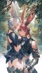  1boy 1girl absurdres animal_ears arm_around_waist ass bangs blue_eyes breasts brown_hair final_fantasy final_fantasy_xiv fingerless_gloves forest from_side gloves highres looking_at_viewer maekakekamen medium_breasts nature rabbit_ears red_eyes short_hair viera 