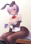  1girl animal_ears breasts card casino_card_table coin commission covered_navel detached_collar detached_sleeves fate/grand_order fate_(series) hair_over_one_eye large_breasts mash_kyrielight nullken pantyhose playboy_bunny playing_card purple_hair rabbit_ears sitting sitting_on_table skeb_commission smile violet_eyes 