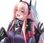 1girl 3_small_spiders black_gloves black_jacket black_scarf blush closed_eyes eyebrows_visible_through_hair girls_frontline gloves gun hand_up headphones highres holding holding_gun holding_weapon jacket long_hair looking_at_viewer m4_sopmod_ii m4_sopmod_ii_(girls&#039;_frontline) multicolored_hair open_mouth pink_hair scarf shadow smile solo_focus upper_body walkie-talkie weapon white_background 