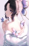  1girl absurdres back bangs black_hair bug butterfly butterfly_hair_ornament butterfly_on_hand commentary_request from_behind hair_ornament hand_up haori highres japanese_clothes kimetsu_no_yaiba kochou_shinobu looking_to_the_side medium_hair off_shoulder purple_butterfly revision sidelocks single_bare_shoulder solo tooku0 upper_body violet_eyes 