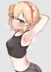  1girl armpits arms_behind_head arms_up blonde_hair blush breasts deko_isu green_eyes hairband hands_up highres idolmaster idolmaster_cinderella_girls looking_at_viewer pink_hairband sakurai_momoka short_hair small_breasts solo stretch sweat wavy_hair 