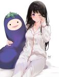  1girl alternate_costume bangs black_hair blush brown_hair buttons chitanda_eru collarbone dress_shirt hand_up highres holding holding_pillow hyouka logo long_hair long_sleeves looking_at_viewer mery_(yangmalgage) one_eye_closed pajamas pants pillow shirt simple_background sitting solo white_background white_pants white_shirt 