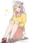  alternate_costume food fruit green_eyes grey_hair highres kantai_collection kinugasa_(kancolle) lemon natsume_(natsume_melio) one-hour_drawing_challenge one_side_up remodel_(kantai_collection) shoes simple_background sitting skirt sneakers sweater twitter_username white_background white_skirt yellow_sweater 
