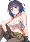  1girl absurdres arknights bare_shoulders black_gloves black_hair blue_eyes blue_hair breasts camisole commentary crop_top eunectes_(arknights) eunectes_(forgemaster)_(arknights) gloves highres k@bu multicolored_hair navel official_alternate_costume pants pointy_ears short_hair solo spaghetti_strap two-tone_hair under_boob 