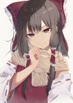  1girl absurdres bangs bow brown_eyes brown_hair commentary_request detached_sleeves expressionless eyebrows_visible_through_hair fingernails frilled_bow frilled_hair_tubes frills hair_bow hair_tubes hakurei_reimu hand_on_own_chin hand_up highres jsscj light_blush long_hair long_sleeves looking_at_viewer parted_lips red_bow red_vest scarf sidelocks simple_background solo touhou upper_body vest white_background wide_sleeves 