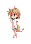  1girl animal_ears bangs black_eyes blonde_hair bow breasts brown_eyes chibi dairi eyebrows_visible_through_hair fox_ears fox_tail full_body green_bow hair_between_eyes hand_up hiragana jumpsuit kudamaki_tsukasa looking_to_the_side open_mouth short_hair short_sleeves simple_background small_breasts smile socks solo standing tachi-e tail test_tube touhou white_background white_jumpsuit white_legwear white_sleeves 