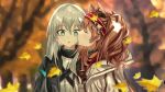  2girls angelina_(arknights) animal_ears aqua_eyes arknights autumn_leaves bangs black_coat blurry blurry_background bright_pupils brown_gloves brown_hair closed_eyes coat collar depth_of_field doctor_(arknights) eyebrows_visible_through_hair falling_leaves female_doctor_(arknights) fox_ears gloves hairband hand_on_own_chest highres infection_monitor_(arknights) kiss kissing_cheek leaf long_hair long_wuxian looking_at_viewer motion_blur multiple_girls open_clothes open_coat parted_lips profile silver_hair twintails two-tone_hairband upper_body white_coat wide-eyed yuri 