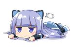  1girl animal_ears artist_request bangs battery_indicator blue_eyes cat_ears chibi commentary_request eyebrows_visible_through_hair indie_virtual_youtuber light_blue_hair long_hair looking_at_viewer lying mitsuki_awano on_stomach shiny shiny_clothes solo virtual_youtuber 