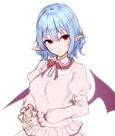  1girl bangs bat_wings blue_hair blush breasts closed_mouth dress eyebrows_visible_through_hair frilled_shirt_collar frills hair_between_eyes highres juliet_sleeves junior27016 long_sleeves looking_to_the_side medium_breasts no_hat no_headwear pink_dress pointy_ears puffy_sleeves red_eyes red_neckwear red_ribbon remilia_scarlet ribbon short_hair simple_background smile solo touhou upper_body white_background wings 