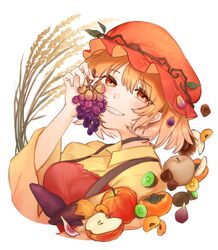  1girl aki_minoriko apple apron food fruit grapes hair_ornament hat highres kiwifruit leaf_hair_ornament mob_cap orange_apron orange_eyes orange_headwear shidaccc shirt simple_background suspenders sweet_potato touhou upper_body white_background yellow_shirt 