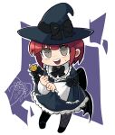  1girl alternate_costume bangs black_bow black_bowtie black_dress black_headwear bow cat_hair_ornament danganronpa_(series) danganronpa_2:_goodbye_despair dress dress_bow freckles frilled_dress frills furukawa_(yomawari) ghost hair_ornament hat hat_bow highres holding holding_staff koizumi_mahiru long_sleeves outline pantyhose purple_background redhead saionji_hiyoko short_hair staff sweatdrop twintails white_background white_outline 