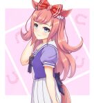  1girl agnes_digital_(umamusume) animal_ears commentary_request hair_ornament highres horse_ears horse_girl horse_tail horseshoe long_hair looking_at_viewer nhezierd pink_hair ribbon school_uniform simple_background smile solo tail tracen_school_uniform umamusume 