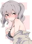  1girl black_bra bra breasts grey_eyes grey_shirt highres kantai_collection kashima_(kancolle) large_breasts long_sleeves sakakiba_misogi shirt sidelocks silver_hair solo twintails underwear upper_body wavy_hair 