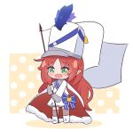  1girl arknights cape chibi drum_major eyebrows_visible_through_hair flag full_body green_eyes hat holding holding_flag kurotofu long_hair long_sleeves myrtle_(arknights) official_alternate_costume open_mouth pointy_ears redhead smile solo standing thigh-highs white_cape white_flag white_headwear 