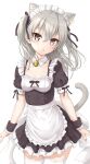  1girl :o alternate_costume animal_ear_fluff animal_ears apron bangs black_bow black_dress bow breasts brown_eyes cat_ears cat_girl cat_tail commentary_request dress enmaided eyebrows_visible_through_hair flipper frilled_apron frilled_dress frills girls_und_panzer grey_hair hair_between_eyes hair_bow highres kemonomimi_mode long_hair looking_at_viewer maid maid_headdress parted_lips pleated_dress puffy_short_sleeves puffy_sleeves shimada_arisu short_sleeves simple_background small_breasts solo tail thigh-highs two_side_up white_apron white_background white_legwear wrist_cuffs 