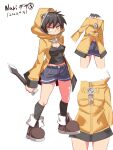  1girl ass black_hair breasts cougar_(cougar1404) denim full_body holding holding_weapon hood hooded_jacket jacket jeans looking_at_viewer nari_(cougar1404) navel original pants short_hair simple_background solo standing weapon white_background yellow_eyes 