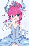  1girl :d bare_shoulders blue_dress blue_eyes blue_horns breasts choker collarbone commentary detached_sleeves dragon_horns dress elbow_gloves elizabeth_bathory_(cinderella_rider)_(fate) elizabeth_bathory_(fate) fang fate/grand_order fate_(series) gloves hair_bun horns long_hair open_mouth pink_hair pointy_ears rabiiandrain small_breasts smile solo strapless strapless_dress tiara white_gloves 
