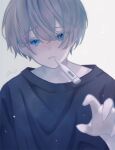  1boy 4ino_(shiino) blue_eyes blue_shirt crying crying_with_eyes_open grey_hair highres in_mouth light_rays looking_at_viewer male_focus original shirt short_hair solo tears upper_body 
