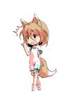  1girl animal_ears bangs black_eyes blonde_hair bow breasts brown_eyes chibi dairi eyebrows_visible_through_hair fox_ears fox_tail full_body green_bow hair_between_eyes hand_up jumpsuit kudamaki_tsukasa looking_to_the_side open_mouth short_hair short_sleeves simple_background small_breasts socks solo standing tachi-e tail test_tube touhou white_background white_jumpsuit white_legwear white_sleeves 