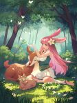  afk_arena animal animal_ears bangs bug bush butterfly character_request deer fawn flower forest gloves green_eyes hair_flower hair_ornament head_wreath highres leaf long_hair naimiaomiaomiaomiao nature outdoors pink_hair pleated_skirt rabbit_ears skirt sunlight tree white_gloves 