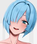  1girl :d blue_eyes blue_hair blush bob_cut commentary_request commission copyright_request doko_tetora hair_over_one_eye head_tilt looking_at_viewer one_eye_covered open_mouth portrait short_hair skeb_commission smile sweat 