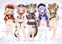  5girls :d absurdres ahoge bangs barefoot blunt_bangs commentary_request diona_(genshin_impact) eyebrows_visible_through_hair feet genshin_impact hair_between_eyes highres klee_(genshin_impact) long_hair long_sleeves looking_at_viewer multiple_girls navel qiqi_(genshin_impact) sayu_(genshin_impact) shio_(7203802) short_hair sidelocks simple_background smile stomach tramp_stamp white_legwear yaoyao_(genshin_impact) 