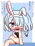  1girl animal_ears arona_(blue_archive) bangs bare_arms bare_legs bare_shoulders barefoot black_choker black_leotard blue_archive blue_background blue_eyes blue_hair blush chibi choker crossed_legs eyebrows_visible_through_hair fake_animal_ears feet_out_of_frame hair_over_one_eye hairband halo hana_kazari highres leotard looking_at_viewer multicolored_hair open_mouth pink_hair playboy_bunny rabbit_ears solo strapless strapless_leotard translation_request two-tone_background two-tone_hair v-shaped_eyebrows wavy_mouth white_background white_hairband 