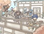  2boys 4girls animal bangs black_hair blue_hair bonsai brown_hair child chinese_clothes chongyun_(genshin_impact) closed_eyes dark-skinned_female dark_skin day feeding food genshin_impact guoba_(genshin_impact) hair_ornament hair_rings hairclip hat highres hu_tao_(genshin_impact) instrument light_blue_eyes light_blue_hair long_hair long_sleeves multicolored_hair multiple_boys multiple_girls music ofuda one_eye_closed open_mouth outdoors plant playing_instrument potted_plant purple_hair qiqi_(genshin_impact) red_eyes redhead shionosuke short_hair sidelocks sitting standing stool streaked_hair table tree twintails xiangling_(genshin_impact) xingqiu_(genshin_impact) xinyan_(genshin_impact) yellow_eyes younger 