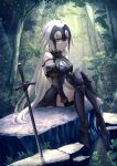  1girl armor armored_boots armored_dress bangs bare_shoulders boots breasts chain collar fate/grand_order fate_(series) faulds forest gauntlets headpiece highres jeanne_d&#039;arc_(alter)_(fate) jeanne_d&#039;arc_(fate) kaze_minoru_so-ru large_breasts long_hair looking_at_viewer metal_collar nature plackart rock silver_hair sitting solo sword tree very_long_hair weapon yellow_eyes 
