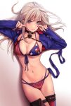  1girl american_flag american_flag_bikini american_flag_print applekun bikini blonde_hair blue_eyes breasts choker closed_mouth fate/grand_order fate/stay_night fate_(series) flag_print hands_up highres holster long_hair looking_at_viewer lying medium_breasts miyamoto_musashi_(fate) miyamoto_musashi_(swimsuit_berserker)_(fate) navel on_back pink_nails shrug_(clothing) single_thighhigh smile solo stomach straight_hair swimsuit thigh-highs thigh_holster 