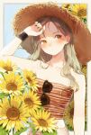  1girl brown_eyes earrings eyewear_removed flower green_hair green_nails hami_yura hat highres jewelry long_hair midriff nail_polish original solo straw_hat sunflower upper_body 