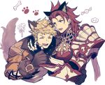  2boys animal_costume animal_ears armor blonde_hair closed_eyes fake_animal_ears fangs fangs_out fur_collar gauntlets granblue_fantasy halloween_costume jacket kingyo_114 looking_at_another male_focus multiple_boys official_alternate_costume open_clothes open_jacket open_mouth percival_(granblue_fantasy) red_armor red_eyes redhead shirt short_hair smile tail vane_(granblue_fantasy) white_background white_shirt wolf_costume wolf_ears wolf_paws wolf_tail 
