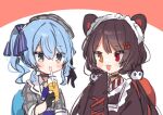  2girls :3 :d animal_ears black_choker black_gloves blue_bow blue_hair blush bow brown_hair choker crossover dot_nose drinking gloves grey_eyes grey_headwear hair_bow hat heterochromia highres hololive hoshimachi_suisei inui_toko long_sleeves maid_headdress multiple_girls nijisanji noi_mine open_mouth partially_fingerless_gloves red_eyes side_ponytail sleeves_past_fingers sleeves_past_wrists smile wa_maid wide_sleeves yellow_eyes 