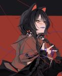  1girl absurdres animal_ears bangs black_collar black_hair black_jacket black_nails braid brown_shirt collar dog_ears fangs from_side hair_ornament heterochromia highres inui_toko jacket long_hair looking_at_viewer nail_polish nijisanji open_mouth red_background red_eyes scissors shirt solo thread two-tone_background upper_body virtual_youtuber x_hair_ornament yellow_eyes zxjv 