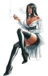  1girl absurdres avatar_(ffxiv) black_footwear black_hair black_skirt boots breasts character_request cigarette collarbone colored_pencil_(medium) commission corset dark-skinned_female dark_skin dress final_fantasy final_fantasy_xiv forehead_jewel full_body high_heel_boots high_heels highres holding holding_cigarette invisible_chair large_breasts leg_up medium_hair miniskirt no_bra nose off_shoulder plunging_neckline redmaiden roegadyn sitting skirt skirt_under_dress smoke smoking solo stiletto_heels thigh-highs thigh_boots thighs traditional_media white_background white_dress zettai_ryouiki 