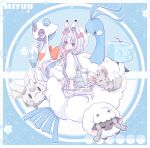  1girl altaria animal_ear_fluff animal_ears asa_no_ha_(pattern) backpack bag bangs beret bird blue_background blush bow clouds coral corsola deviantart_username eiscue english_commentary facebook_username flower fox_ears froslass galarian_corsola ghost grey_hair hair_bow hat highres holding holding_poke_ball ice ice_cube long_hair long_sleeves looking_at_viewer low_twintails minccino miyuu_(roku21) original penguin pink_bow pink_eyes poke_ball poke_ball_print pokemon pokemon_(creature) premier_ball puffy_long_sleeves puffy_sleeves roku21 sheep shirt sitting sitting_on_cloud skirt solo toyhouse_username twintails twitter_username very_long_hair white_bag white_headwear white_legwear white_shirt white_skirt wooloo 