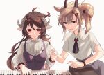  2girls animal_ears arknights ascot bangs blue_eyes blush brown_eyes brown_hair curled_horns earthspirit_(arknights) elite_ii_(arknights) eyjafjalla_(arknights) goat_ears goat_girl goat_horns hand_on_another&#039;s_shoulder highres horns infection_monitor_(arknights) instrument long_hair long_sleeves multiple_girls naoi_retsu parted_lips piano sheep_ears sheep_girl sheep_horns short_sleeves side_ponytail simple_background white_background 