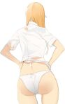  1girl ass blonde_hair commentary_request cowboy_shot doko_tetora facing_away from_behind hands_on_hips long_hair original panties shirt simple_background solo standing underwear white_background white_panties white_shirt 