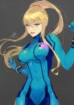  1girl blonde_hair blue_bodysuit blue_eyes bodysuit breasts commentary_request fadingz grey_background highres large_breasts long_hair long_sleeves looking_at_viewer metroid mole mole_under_mouth open_mouth ponytail samus_aran signature simple_background solo 