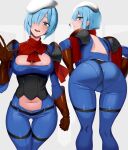  1girl :d armor ass ass_visible_through_thighs bent_over beret blue_bodysuit blue_eyes blue_hair blush bob_cut bodysuit breasts cleavage_cutout clothing_cutout commentary_request commission copyright_request doko_tetora gloves hair_over_one_eye hand_up hat head_tilt large_breasts looking_at_viewer multiple_views navel_cutout one_eye_covered open_mouth pauldrons red_gloves short_hair shoulder_armor skeb_commission smile sweat thigh_gap white_headwear 