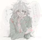  1boy bangs danganronpa_(series) danganronpa_2:_goodbye_despair elbow_rest green_jacket hair_between_eyes head_rest hood hood_down hooded_jacket jacket komaeda_nagito male_focus messy_hair parted_lips sawa2 shirt simple_background sketch solo speech_bubble translation_request upper_body white_hair 