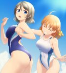  2girls ahoge black_swimsuit blue_eyes blue_sky braid breasts clouds commentary_request competition_swimsuit cowboy_shot grey_hair highres love_live! love_live!_sunshine!! medium_breasts multiple_girls one-piece_swimsuit orange_hair pataneet red_eyes ribbon short_hair side_braid sky swimsuit takami_chika watanabe_you white_swimsuit yellow_ribbon 
