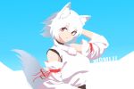  1641_(chfhrtor94) 1girl animal_ears bangs blue_background character_name closed_mouth detached_sleeves hand_in_hair inubashiri_momiji looking_at_viewer pom_pom_(clothes) red_eyes short_eyebrows short_hair simple_background solo tail touhou upper_body white_hair wide_sleeves wolf_ears wolf_tail 