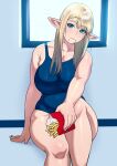  1girl bangs blonde_hair blue_eyes blue_swimsuit breasts elf elf-san_wa_yaserarenai. erufuda-san eyebrows_visible_through_hair food food_on_face french_fries highres large_breasts long_hair looking_at_viewer one-piece_swimsuit pointy_ears sitting smile solo swimsuit synecdoche 
