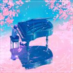  1girl cherry_blossoms hood hoodie instrument original outdoors piano pleated_skirt reflection skirt surreal wacca005 water white_legwear 