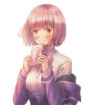  1girl bangs blush book bow breasts collared_shirt eyebrows_visible_through_hair gridman_universe holding holding_book looking_to_the_side medium_breasts purple_bow purple_hair purple_sweater shinjou_akane shirt short_hair smile solo ssss.gridman sweater tubering upper_body violet_eyes 