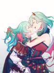  2girls absurdres aqua_hair bang_dream! braid couple demon_horns demon_tail demon_wings dress face-to-face gloves green_eyes hand_in_another&#039;s_hair highres hikawa_hina hikawa_sayo holding_tail horns hug incest long_hair looking_at_another multiple_girls red_dress red_gloves short_hair siblings sisters tail twins walluku wings yuri 